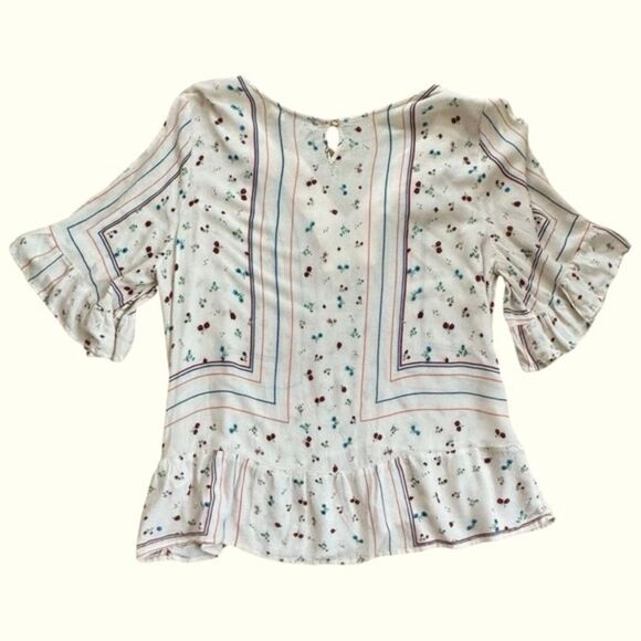 Democracy Peplum Flounce Split Sleeve Embroidered Placket Front Printed Top Sz L - Picture 4 of 8